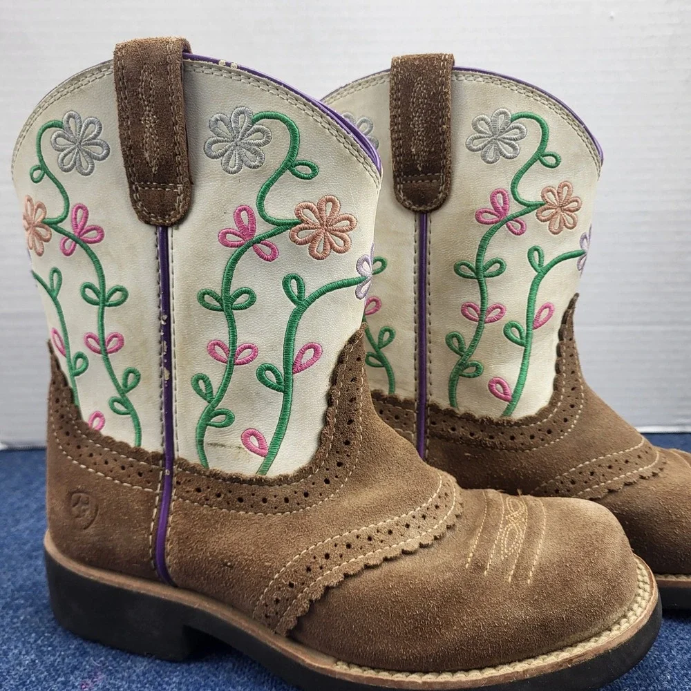 Ariat Kids Brown Suede Floral Embroidered Western Cowboy Boots Size 2 Cowgirl